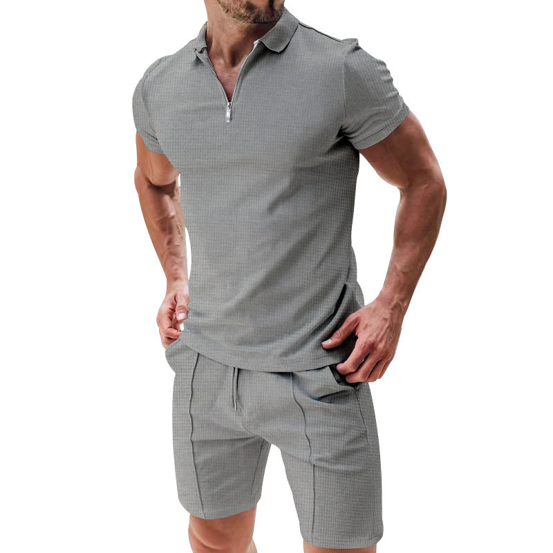 2Pcs Men's Summer Clothing Suit With Zipper, Solid Color T-shirt Set For Men