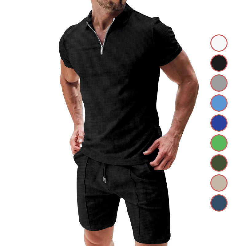 2Pcs Men's Summer Clothing Suit With Zipper, Solid Color T-shirt Set For Men