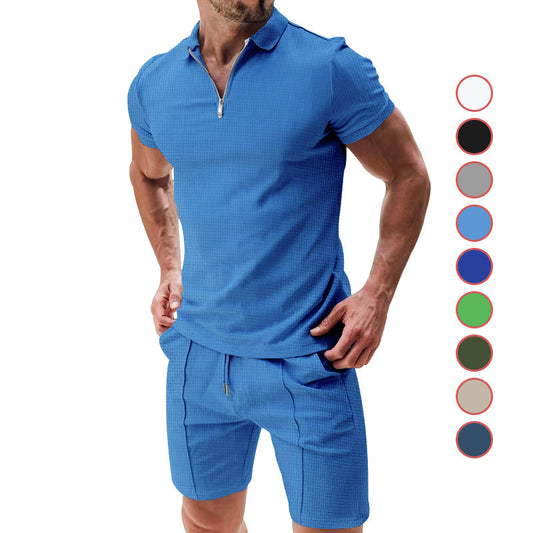 2Pcs Men's Summer Clothing Suit With Zipper, Solid Color T-shirt Set For Men