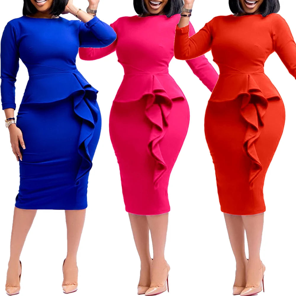 New Arrivals Women African Church Party Dresses Elegant Fashion Long Sleeve Ruffles Knee Length Midi Bodycon Pencil Dress