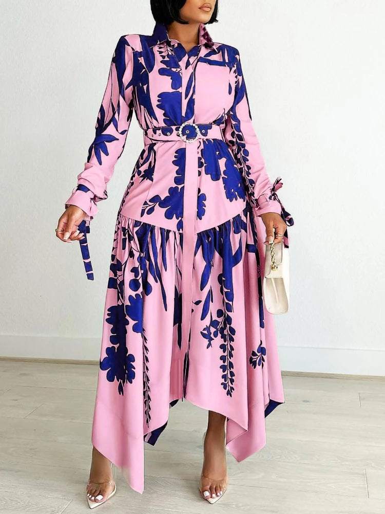 Women Printed Shirt Dress Long Sleeves Irregular with Waist Belt Elegant Spring Fashion Office Ladies Modest African Church New