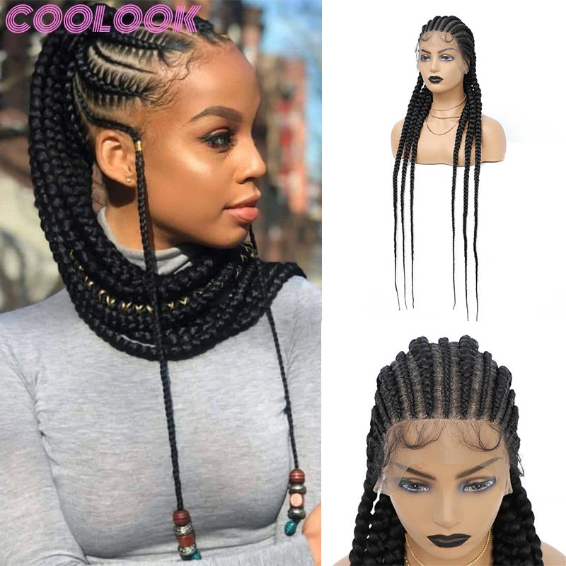 Full Lace Cornrow Braided Wigs for Women. Synthetic Wig with Baby Hair 36 Inch Long Braid Lace Frontal Wigs