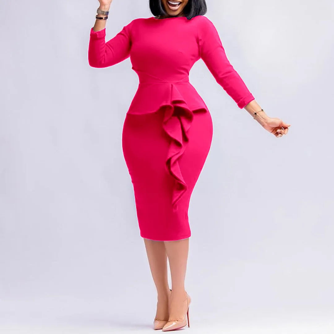 New Arrivals Women African Church Party Dresses Elegant Fashion Long Sleeve Ruffles Knee Length Midi Bodycon Pencil Dress