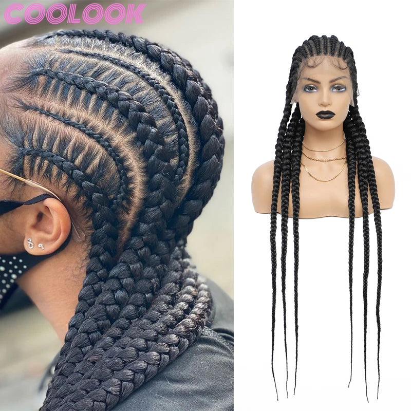 Full Lace Cornrow Braided Wigs for Women. Synthetic Wig with Baby Hair 36 Inch Long Braid Lace Frontal Wigs