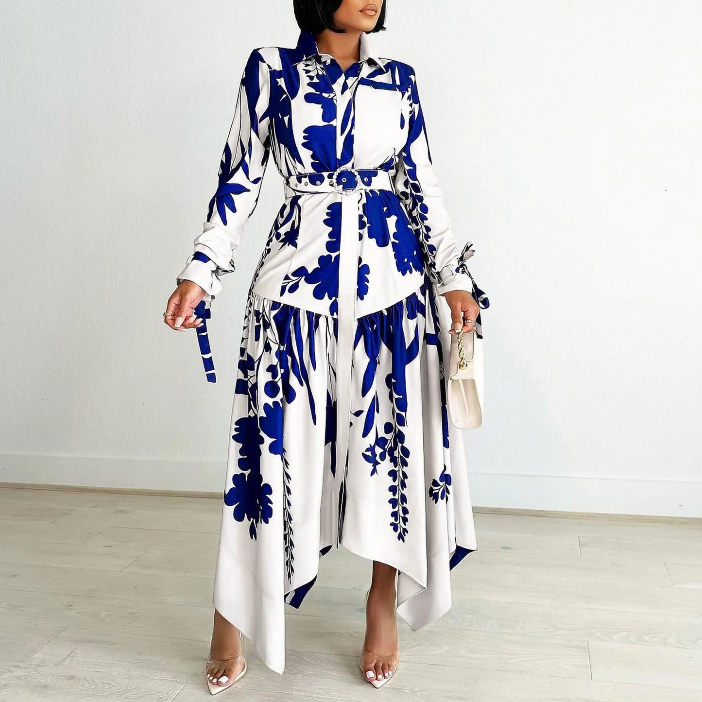 Women Printed Shirt Dress Long Sleeves Irregular with Waist Belt Elegant Spring Fashion Office Ladies Modest African Church New