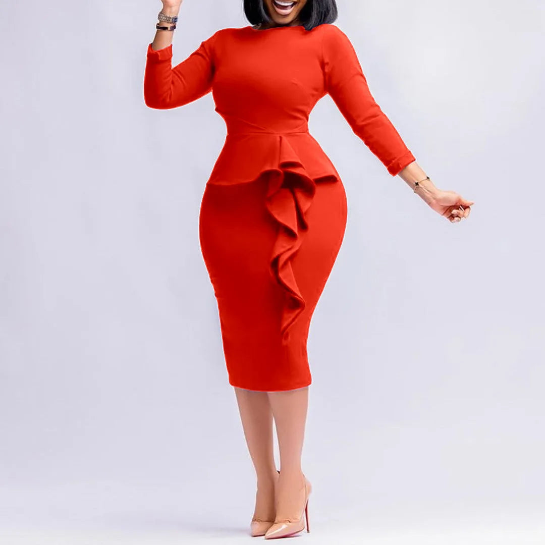 New Arrivals Women African Church Party Dresses Elegant Fashion Long Sleeve Ruffles Knee Length Midi Bodycon Pencil Dress