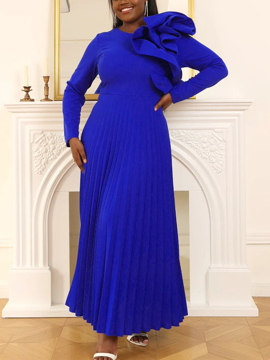 AOMEI Women's Long Sleeve with Asymmetrical Ruffles. Pleated A-Line Maxi Dress.