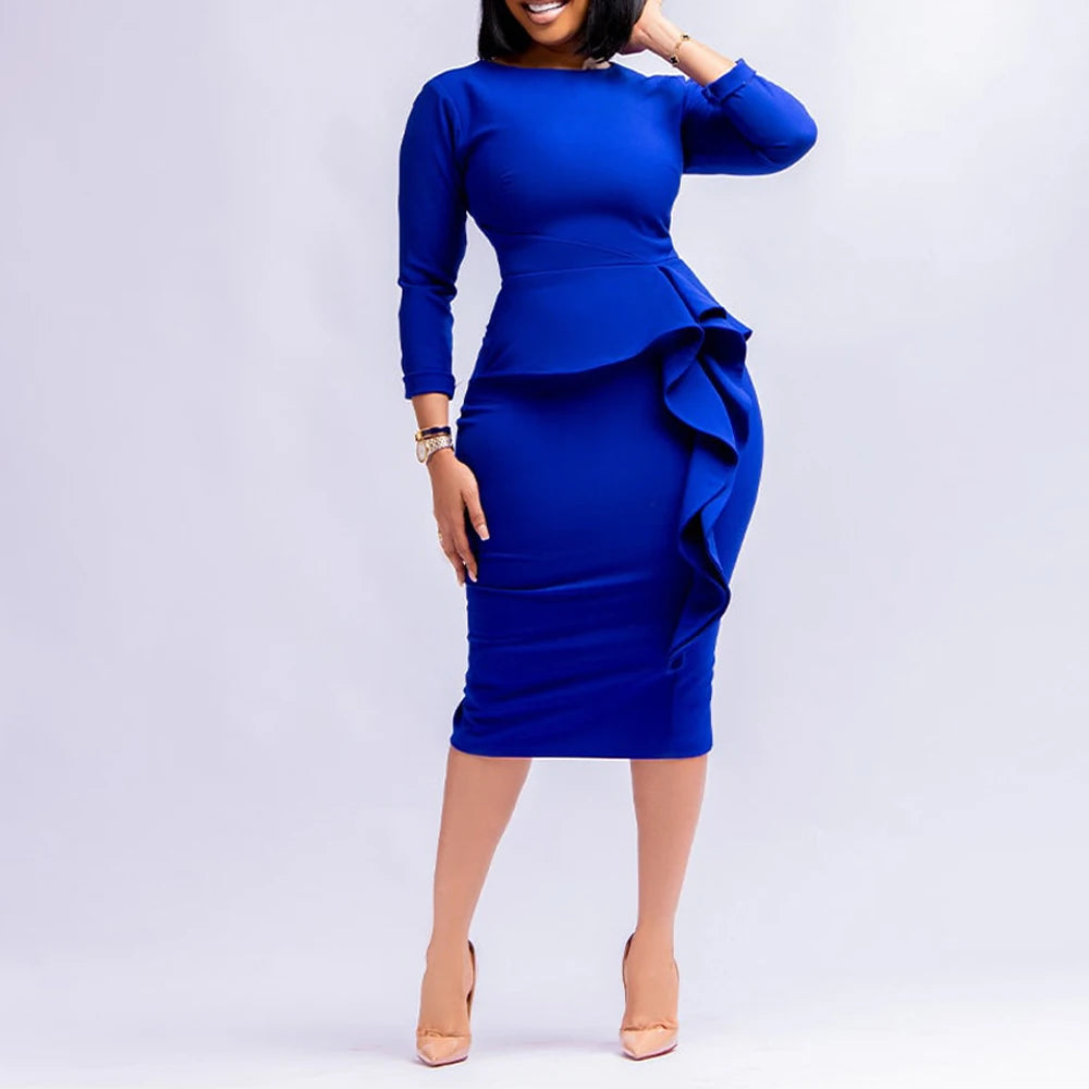 New Arrivals Women African Church Party Dresses Elegant Fashion Long Sleeve Ruffles Knee Length Midi Bodycon Pencil Dress