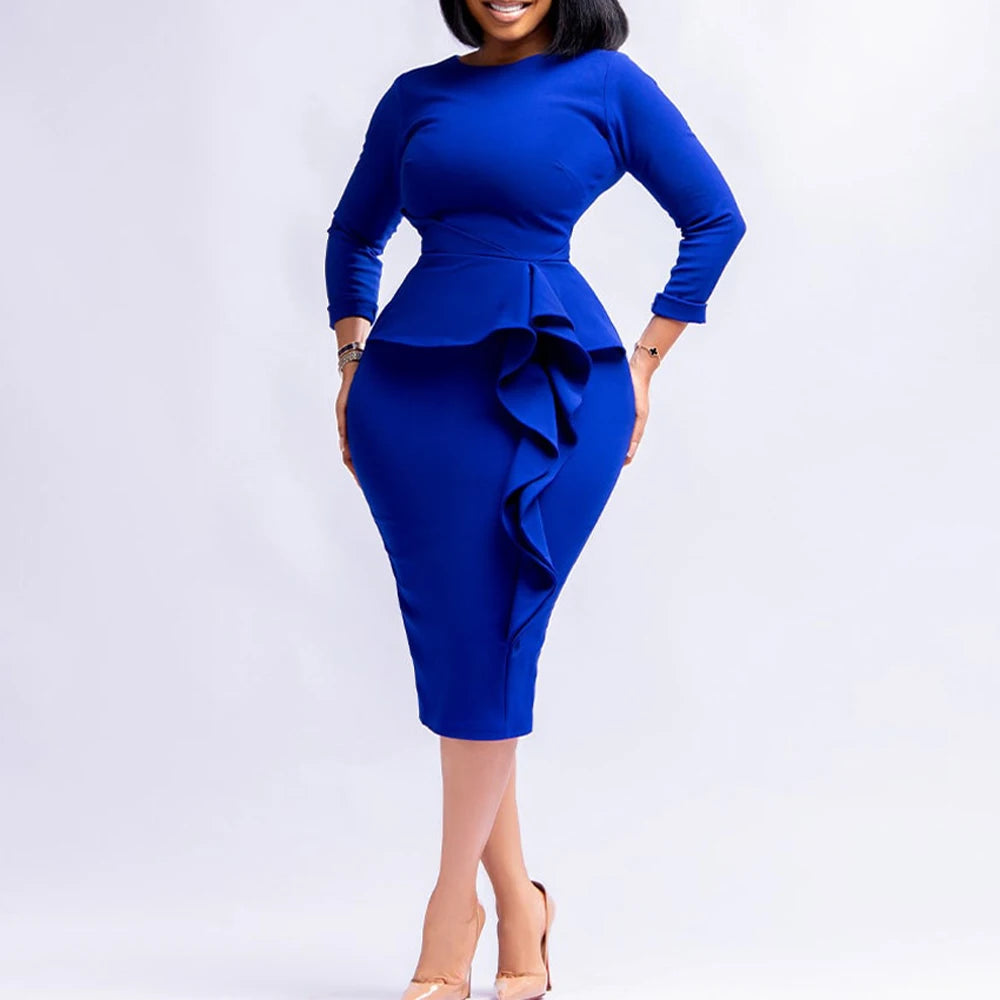 New Arrivals Women African Church Party Dresses Elegant Fashion Long Sleeve Ruffles Knee Length Midi Bodycon Pencil Dress